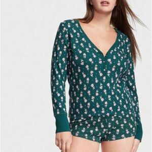 Victoria’s Secret 2 Piece Green & Pink Thermal Floral Shorts Henley PJ Set Large